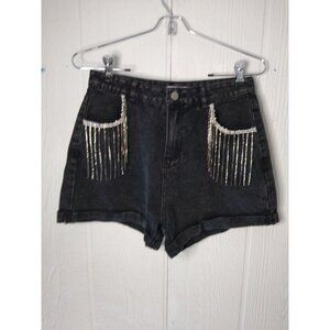 Cloud Ten Rhinestone Cuffed Shorts Juniors M Charcoal Black Rhinestone Strands